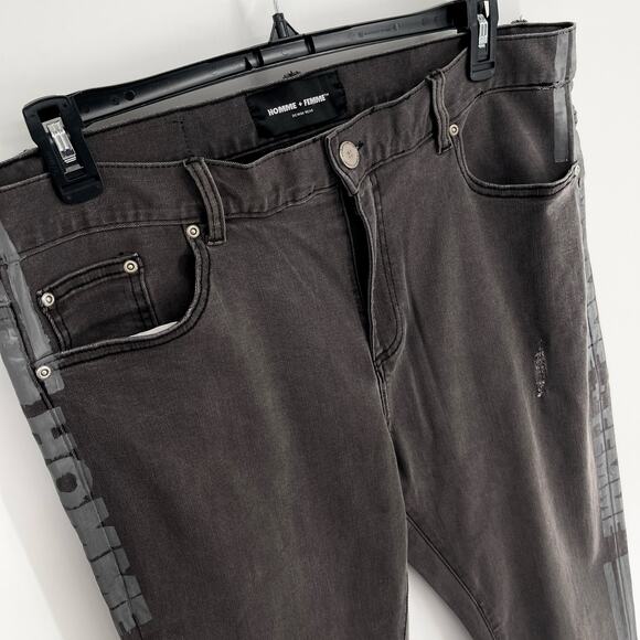 Homme + Femme NEW Skinny Jeans Mens Sz 40 Black Gray Logo Stripes Zipper Ankle - Picture 2 of 10